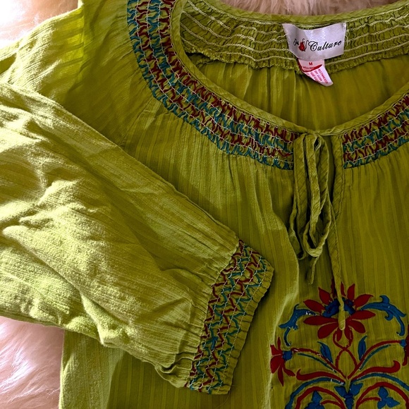 Avacado Green Floral Embroidered Tie Cotton Blouse Top - Picture 4 of 6